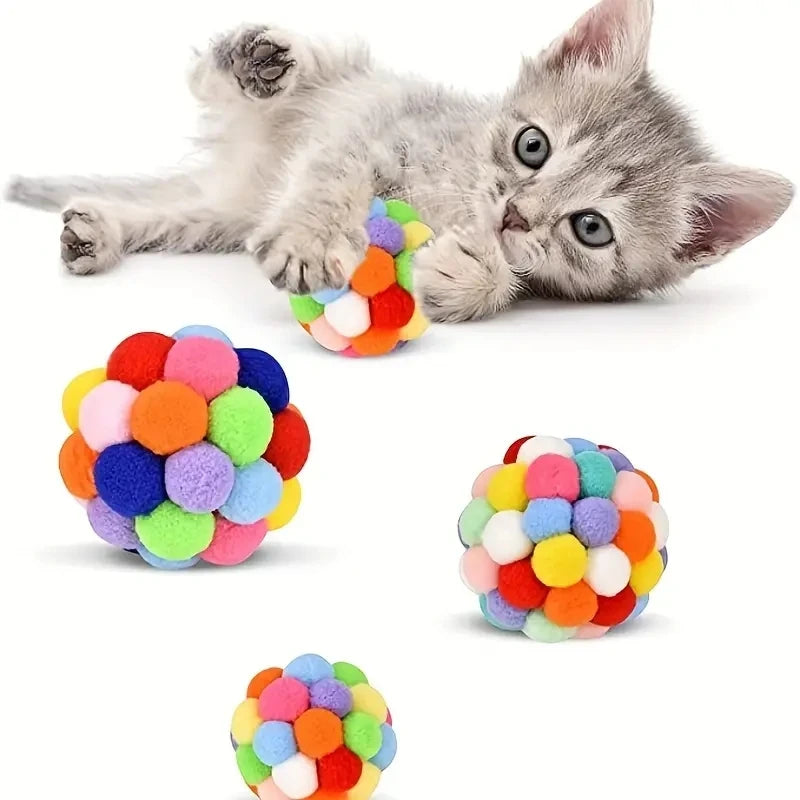 3PCS Cat Toys Cat Plush Ball Toy Pet Elastic Bell Ball Self Hi Ball Playing Cat Colorful Woolen Ball