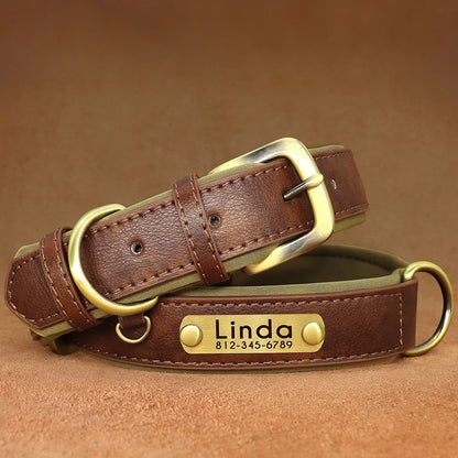 Customized Leather ID Nameplate Dog Collar Soft Padded Dogs Collars Free Engraving Name for Small Medium Large Dogs Adjustable